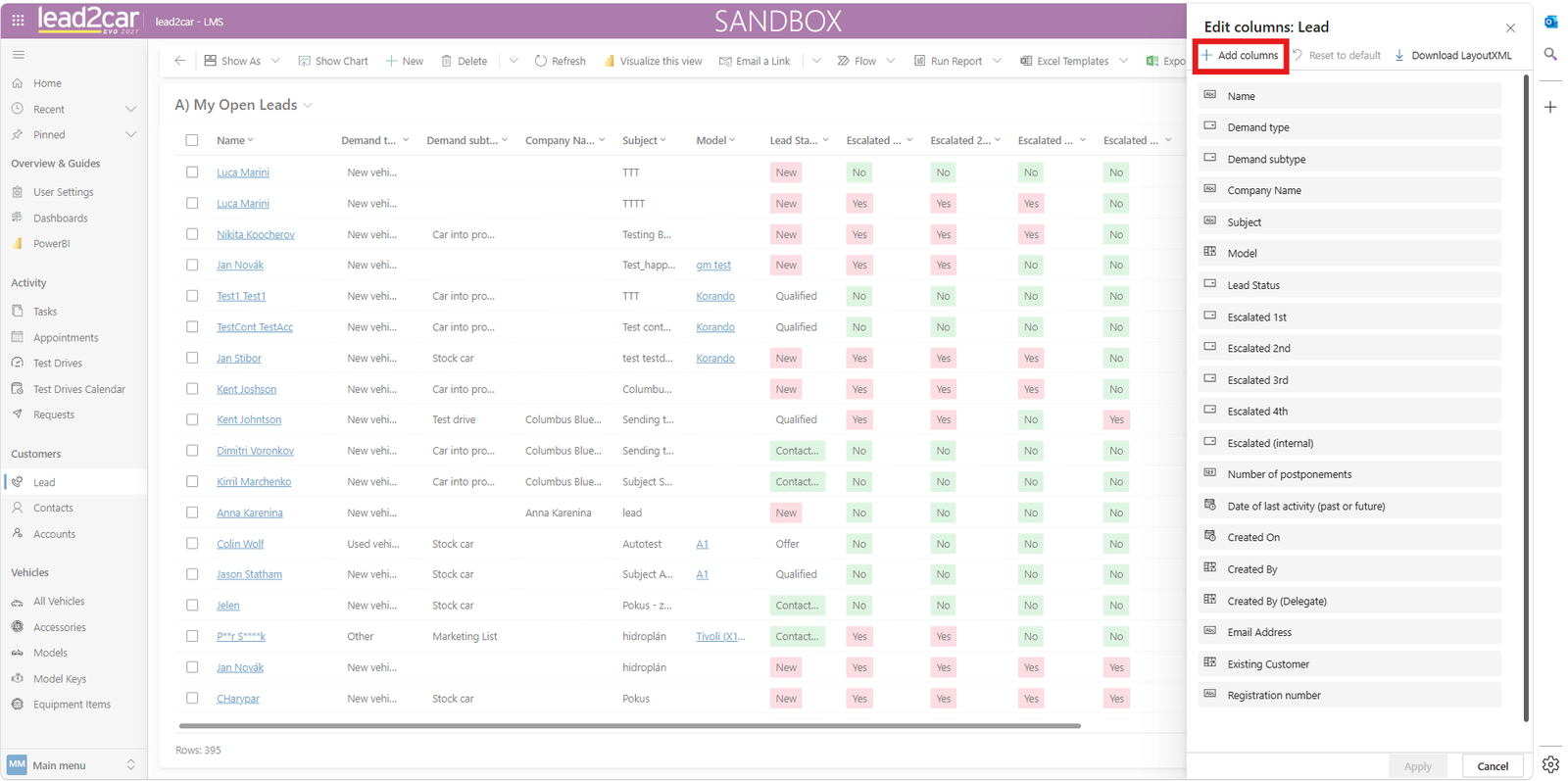 Add columns panel