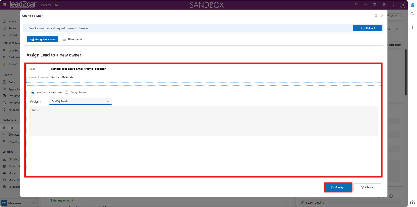 Lead owner assignment dialog