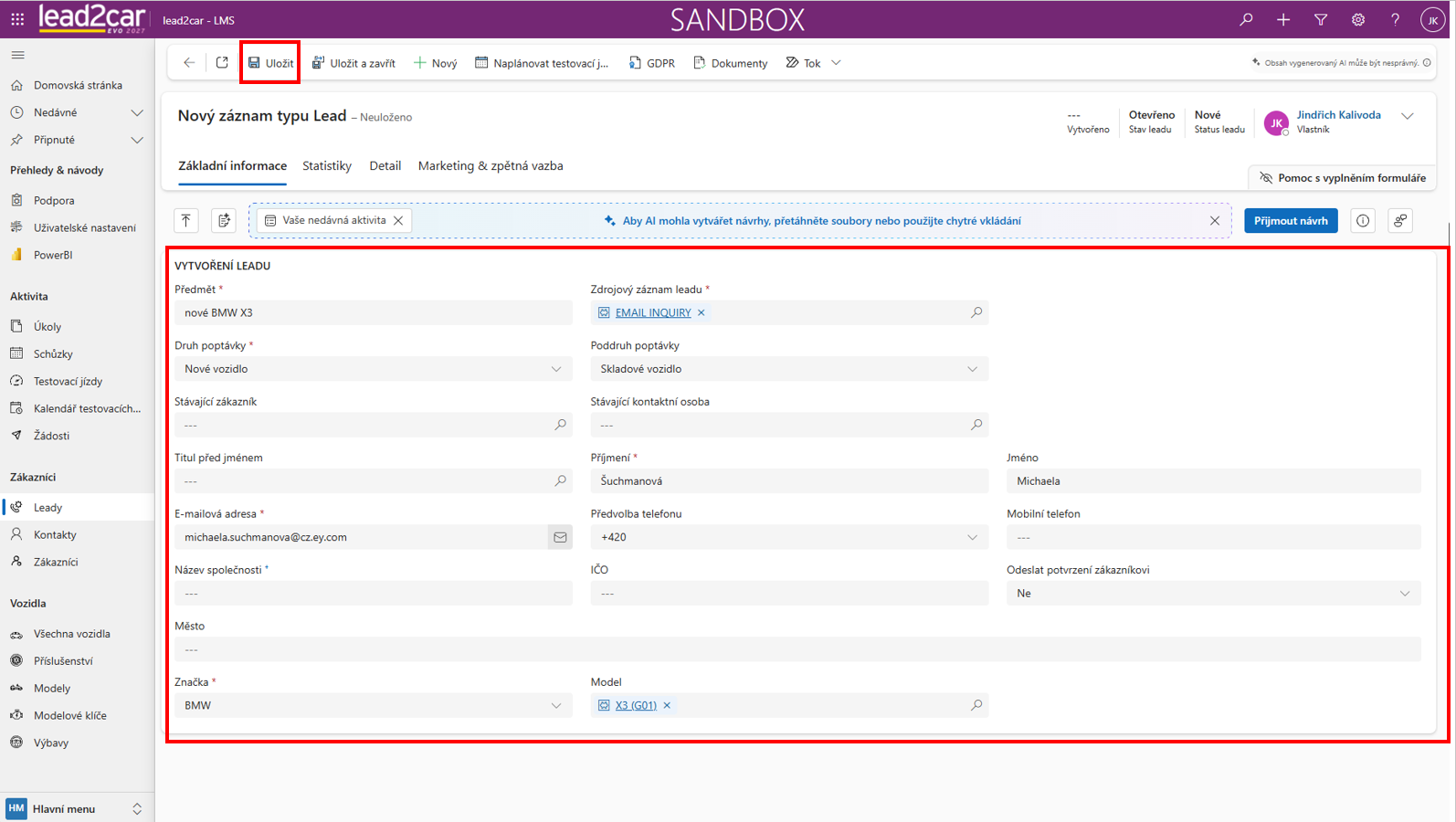 Formulář nového LMS leadu