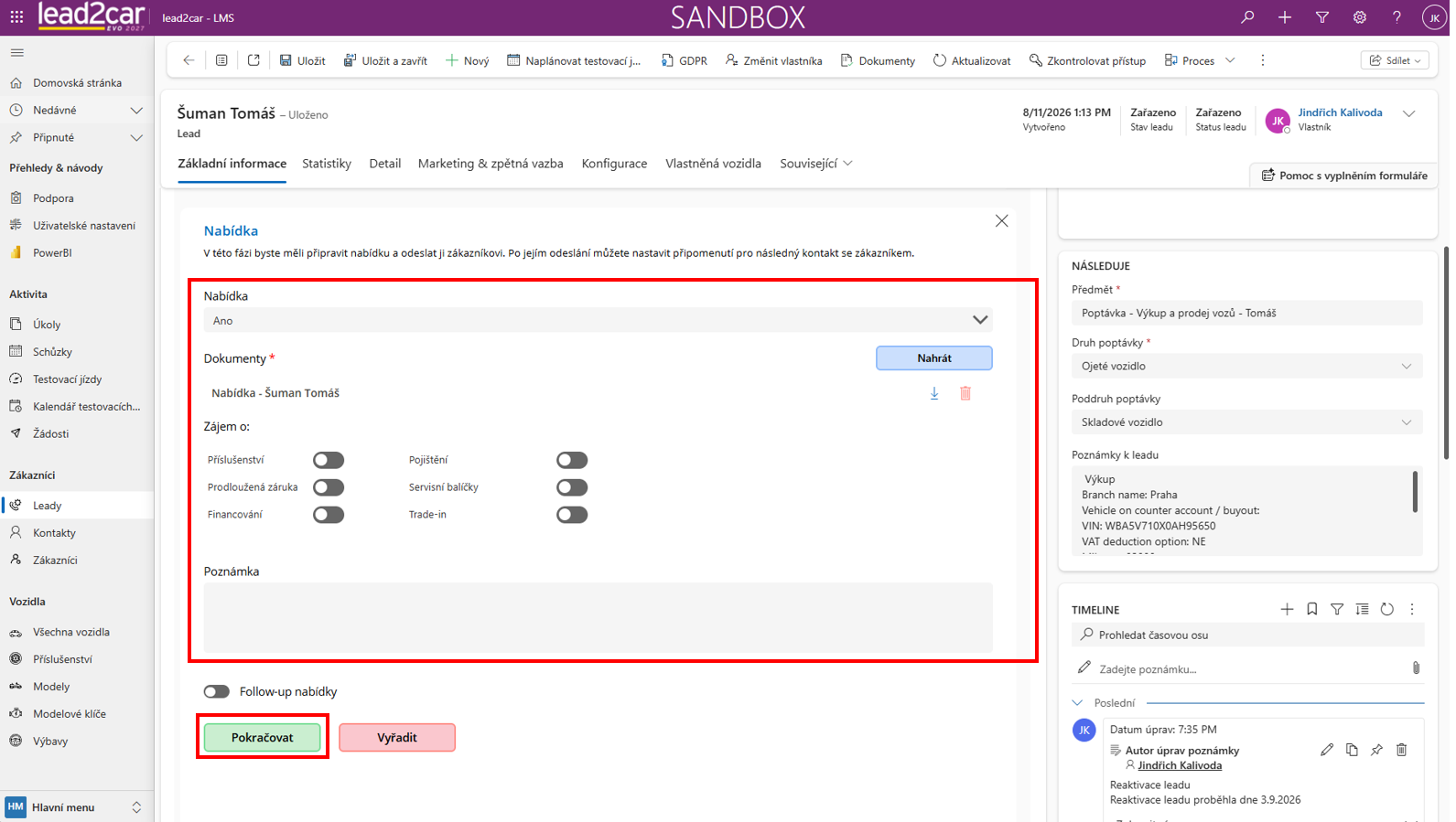 Doplňující údaje nabídky LMS leadu