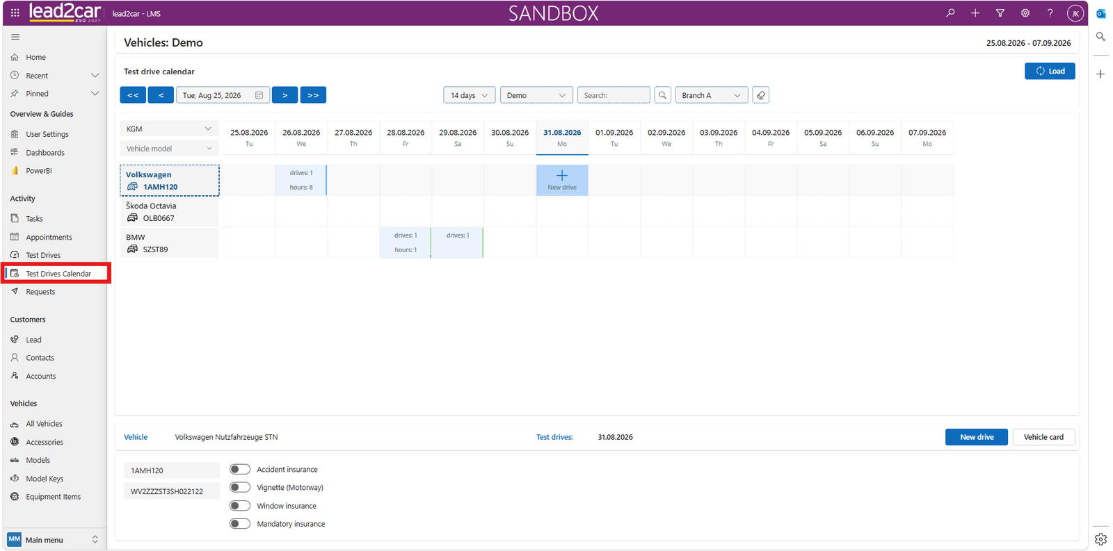 Test drive calendar overview
