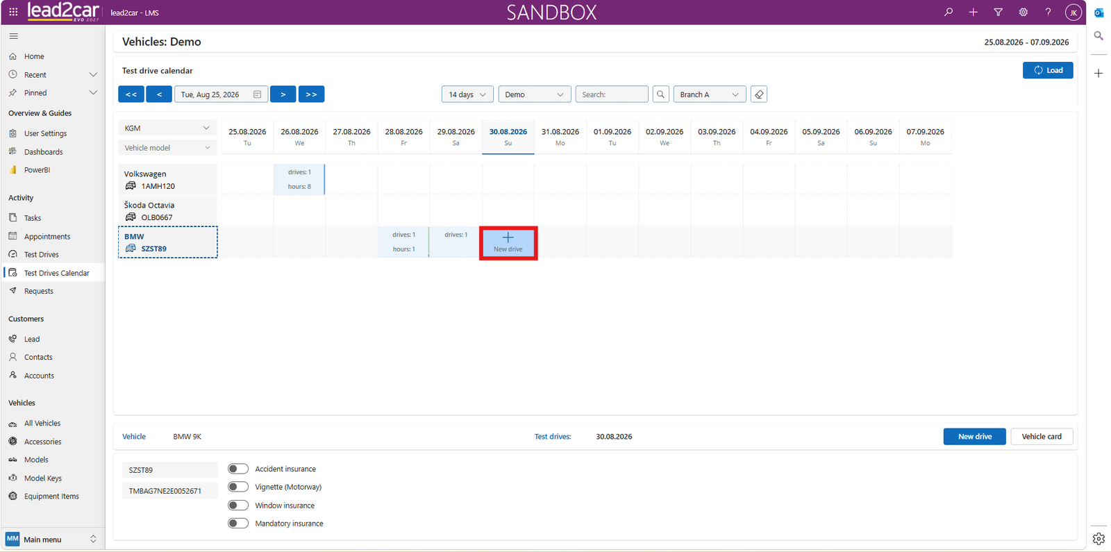 Create a test drive from the calendar